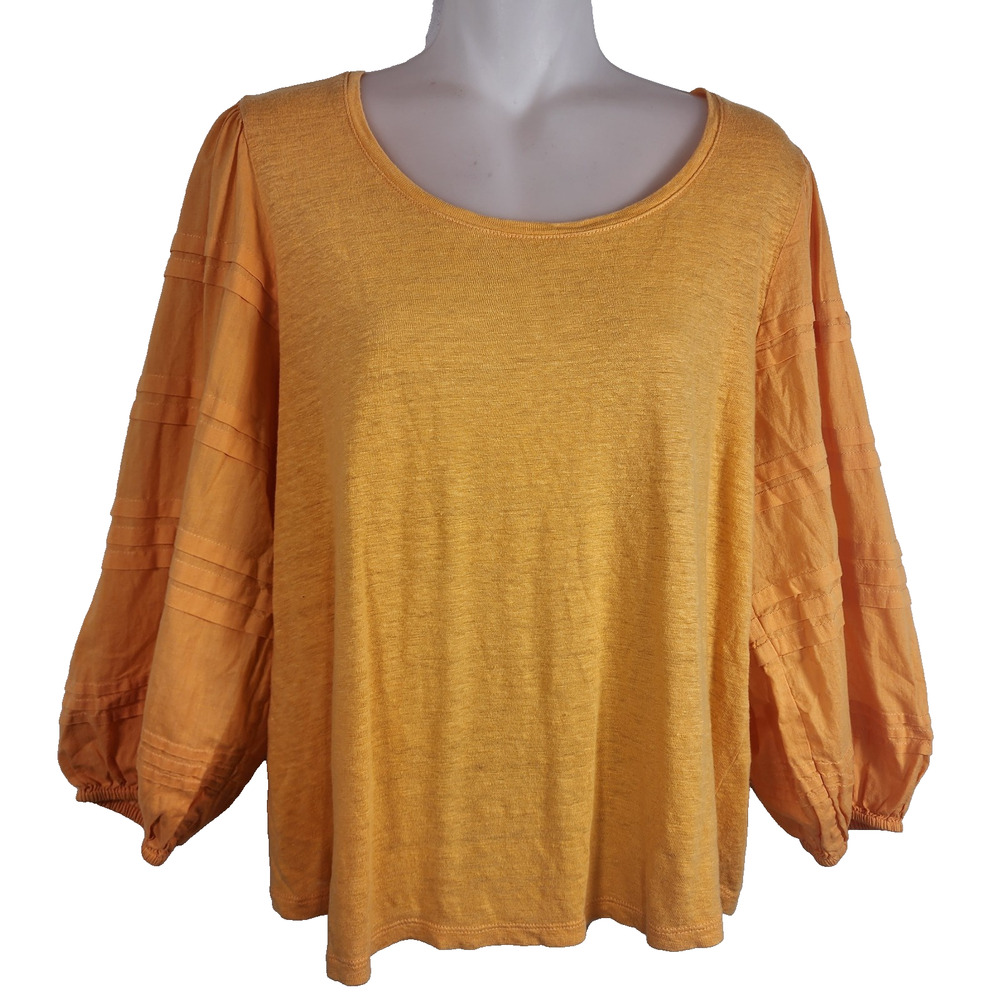 Chico's Womens Top Linen Mixed Media 3/4 Puff Pintuck Sleeve Marigold Cottage L